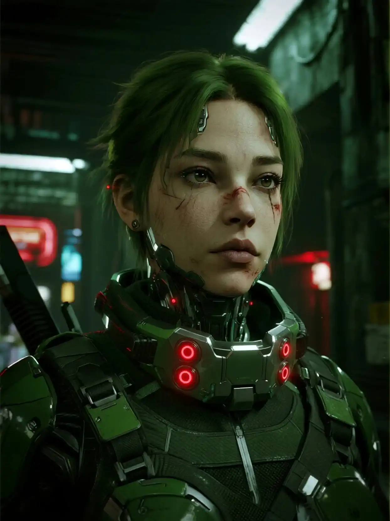 赛博朋克夜巷，体积雾+霓虹反射；超写实，Midjourney style raw，4K，24fps，180°快门，85mm中长焦，浅景深，三脚架稳态。湿漉漉地面映射红蓝霓虹，远处管道与霓虹牌形成高级散景与体积光。

主角（气质设定）：绿色短发女战士，脸颊与鼻梁细致擦伤；眉骨两侧金属植入，暗绿重装装甲与碳纤维内衬；项圈装置4枚红色环形灯（柔和脉冲）。表情“冷漠、高贵、致命美感”，眼神带细微蔑视——瞳孔收紧，眼睑半垂，嘴角几乎不动；下颌线利落，头微上扬2–3°；光影干净克制，质感高阶（金属拉丝、磨损、雨痕、水珠）。

色彩/灯光：冷绿主调×霓虹红蓝对撞；侧逆光勾边，高品质微反射；降噪无闪烁，零畸变。

动作时间线（5s，丝滑ease‑in‑out）：
0.0–1.0s  轻推近镜；项圈红灯由暗到亮（低幅度），呼吸极轻的冷气在颈部蒸汽化。
1.0–3.0s  战斗预备但克制：右肩微外展、身体重心前移半步；她缓慢抬下巴，目光越过镜头上方，呈“冷峻蔑视”的俯视感；装甲细节与水珠高光显现。
3.0–4.2s  眼神短暂停留并轻微眯起，环灯出现细腻心跳式脉冲；雨雾掠过装甲形成线性流痕，背景霓虹在盔甲边缘滑动反射。
4.2–5.0s  定格高贵冷美的英雄姿态：面部纹理与金属质感清晰，气场压迫但优雅；背景散景更柔，画面高级克制。

约束：无夸张表情与大幅动作、无需武器挥舞；无文字Logo与花哨特效；保持高端商业级调色与材质还原。
关键词：icy disdain, noble beauty, composed combat stance, cyberpunk, glowing red LEDs, rain mist, cinematic, ultra‑realistic