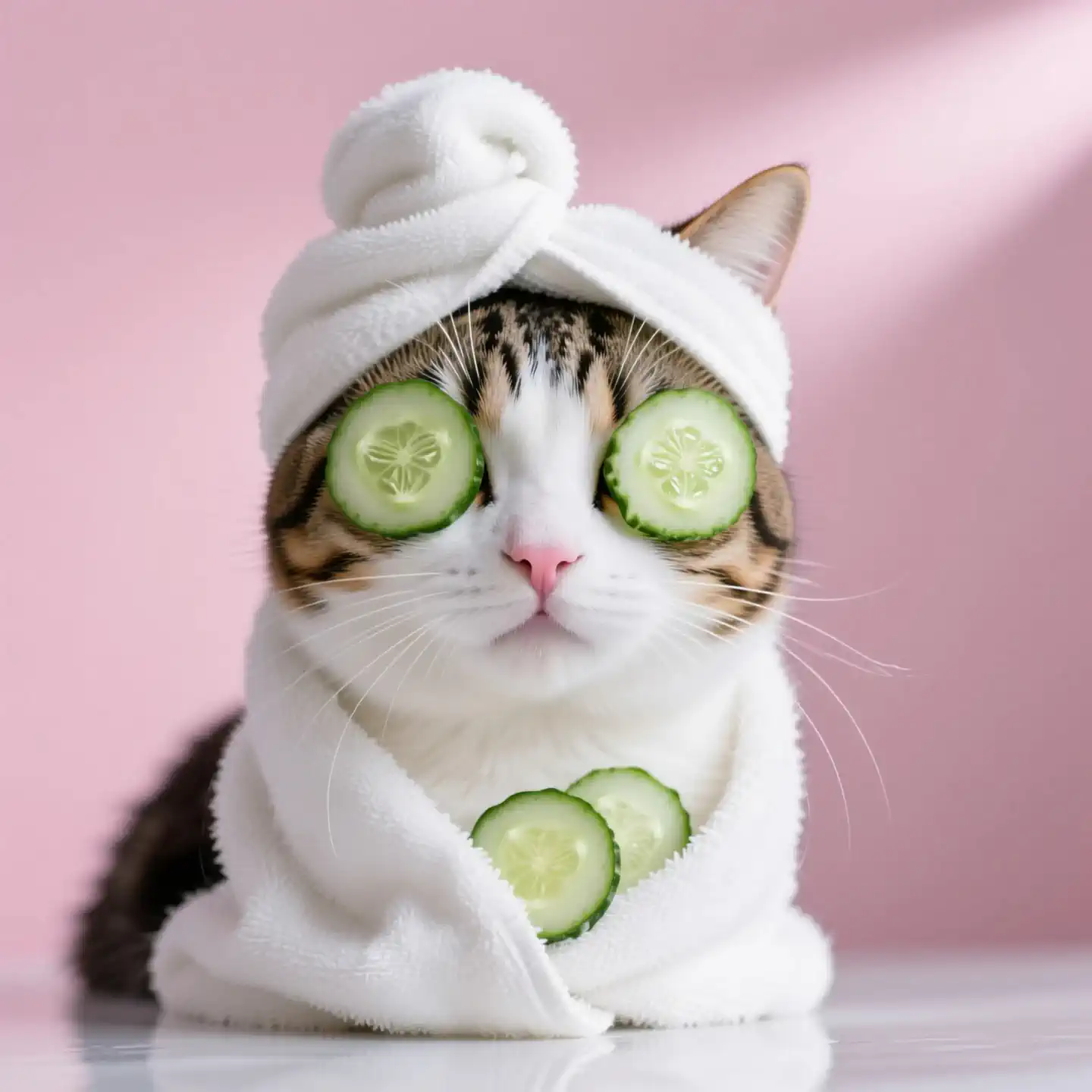 拟人化可爱小猫做“居家水疗”，粉色无缝背景；猫正中坐姿，头上白色毛巾高高打结，身披同材质浴袍，质地蓬松圈圈纱线清晰；鼻头粉粉，胡须整齐；双眼覆盖两片新鲜黄瓜片（半透明水润、籽室细节可见）。下方是光滑白色台面，映出柔和倒影。

镜头/质感：4K，24fps，时长5s，Midjourney style raw；中景固定机位，85mm等效，浅景深；右上柔暖“日光”主光+左侧微弱补光，边缘高光干净，色彩明亮清爽，无抖动、无畸变。

动作（连续丝滑，拟人化享受感）：
0.0–1.5s 小猫闭口微笑神态，慢慢把头从正中缓缓转向左侧，耳朵与胡须轻微随动，毛巾结与浴袍保持稳定但有极细纹理起伏。
1.5–3.5s  头部从左侧平滑转回并略向右侧，像沐浴阳光般享受；黄瓜片稳稳贴合，偶有极细微反光变化。
3.5–5.0s  回到正中，微微上扬下巴感受阳光，身体保持端坐；背景光尘轻闪，画面在平静愉悦氛围中停留1秒。

约束：不加入文字/Logo/夸张特效；动作使用ease-in-out速度曲线；保持毛发、毛巾织物与黄瓜表面质感的超写实细节。
