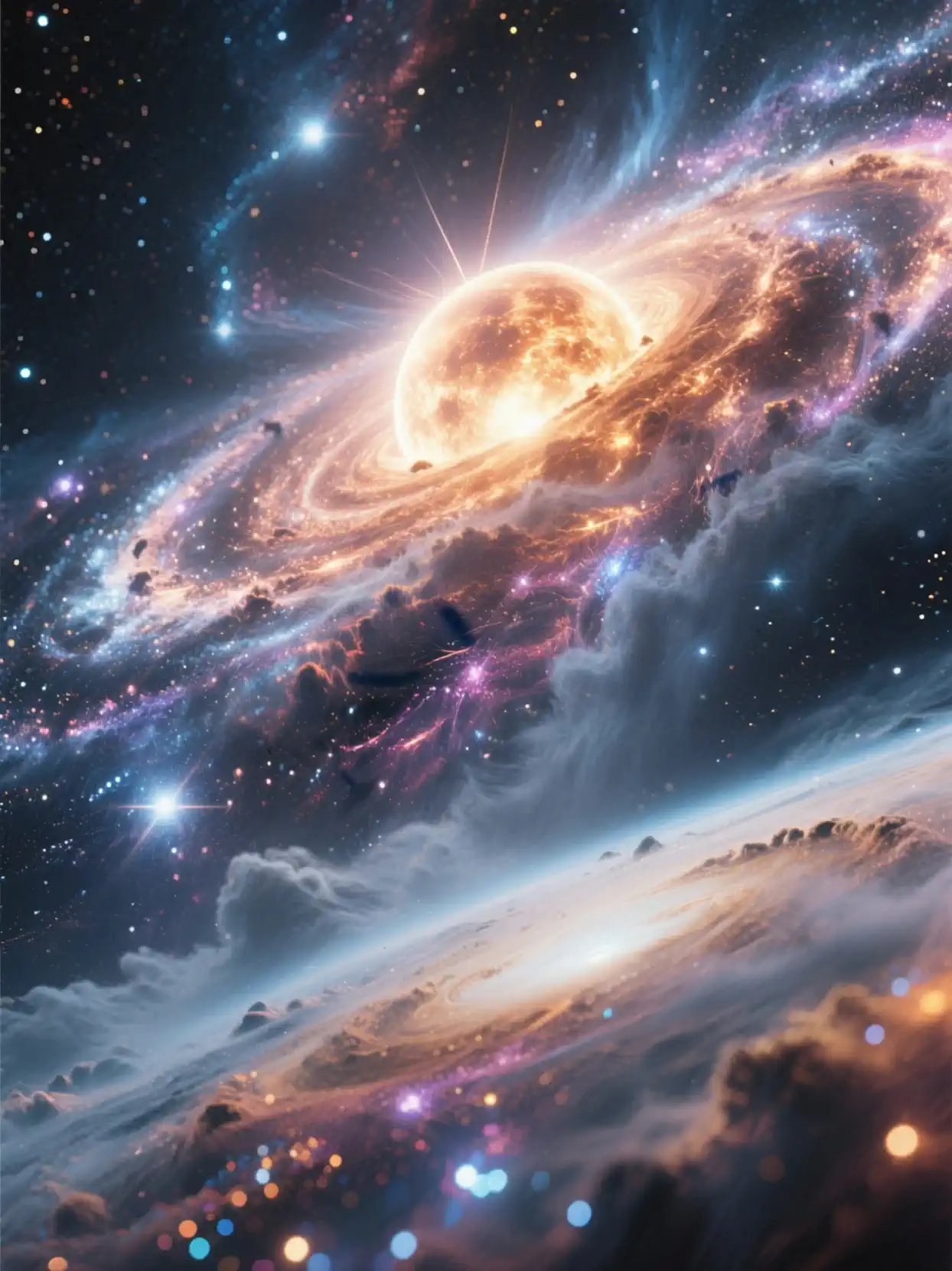 Cinematic video of a breathtaking cosmic scene in the style of MidJourney. 
The camera orbits smoothly around a massive glowing celestial body surrounded by swirling galaxies, nebula clouds, and starfields. 
The central star radiates golden light while planets, dust, and cosmic energy swirl gracefully around it. 
The perspective should show the vast scale of space, with a dynamic camera pan and rotation, emphasizing depth and grandeur. 
The star and surrounding galaxies move slowly in a majestic orbit, with glowing dust trails and shimmering starlight filling the scene. 
Ultra-detailed, high resolution, hyper-realistic textures, vibrant colors, and dramatic lighting, just like a MidJourney masterpiece.
