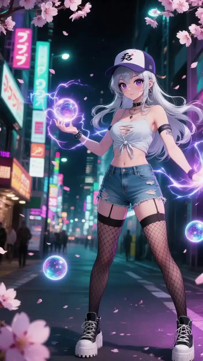 0-1s: Close-up on the witch's hands forming an energy sphere, camera slowly pulling back to reveal her face under the baseball cap with glowing eyes
1-2s: Low-angle shot as she raises her arms, neon energy trails following her movements, cherry blossoms swirling around her legs
2-3s: Dynamic orbital shot circling the character as energy waves pulse outward, neon signs flickering in response to magic
3-4s: Slow-motion moment as she thrusts palms forward, massive energy wave erupting with particle effects and floating Japanese characters
4-5s: Wide drone shot pulling upward revealing entire Tokyo street with magical energy patterns forming on ground, cherry blossom storm intensifying

Camera: Smooth cinematic movements combining dolly shots, orbital rotation and dynamic drone perspectives
Style: Anime realism with vibrant neon color grading, cinematic magic effects, Risa Kitamura's urban night photography aesthetic, 8K UHD, motion blur, 24fps cinematic framerate

Negative prompt: Static camera, poor lighting, low resolution, blurry frames, inconsistent character proportions, unnatural movements
Parameters: 5-second seamless loop, smooth motion transitions, consistent character design, dynamic lighting changes, particle effects, energy simulations