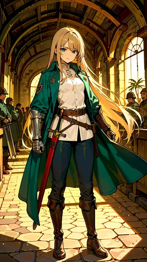 0-3: A woman in a teal uniform walks through a bustling medieval hall as vibrant sunlight streams through the arched windows illuminating her flowing hair and cape. 4-6: she pauses and salutes a passing towering man in the same uniform. 7-10: the ground suddenly shakes and a dragon breaks through the wall. The woman turns to face it and draws her sword 