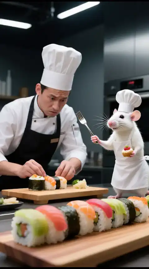 0-1s: A male chef in a professional kitchen begins to carefully add fresh soup ingredients (carrots, celery, herbs) into a simmering stainless steel pot on a gas stove; the blue flame glows steadily beneath the pot. The camera slowly pushes in toward the pot.
1-2s: A white rat wearing a tiny chef’s hat and apron emerges into the frame, standing upright on the counter beside the pot, holding a small dessert fork. The rat gestures commandingly toward the chef.
2-3s: The chef pauses and glances nervously at the rat, who now points the fork decisively into the pot as if correcting the cooking process. The camera subtly follows the rat’s movement.
3-4s: The chef reluctantly resumes cooking under the rat’s supervision; the rat stirs the air with its fork authoritatively. Steam rises from the pot, catching the warm studio light.
4-5s: The rat turns toward the camera with a satisfied expression, while the chef shakes his head in mild disbelief. The camera pulls back slightly, revealing the full kitchen backdrop with soft focus.

Camera, Style: Dynamic camera movements with smooth transitions, cinematic lighting emphasizing textures (ingredients, rat’s fur, apron fabric), photorealistic style, shallow depth of field, 35mm lens, warm tone, 24fps.