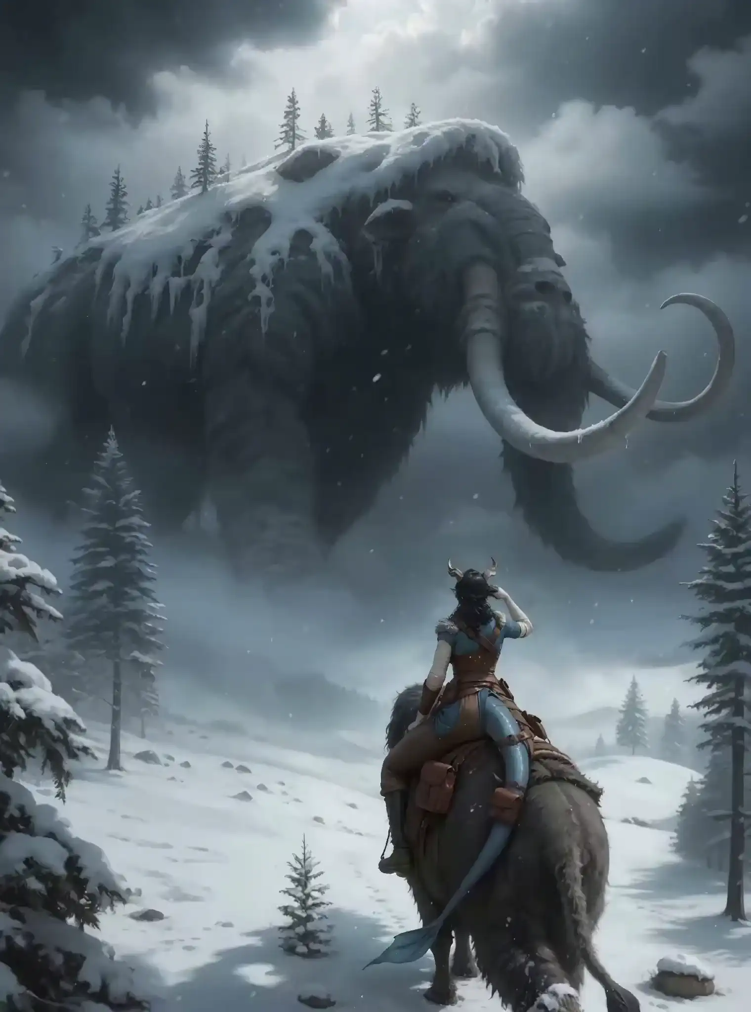 The ominous snowy tundra: the howling of a blizzard and the roar of footsteps, wind permeates the air, heroic music emphasizes the tension of a meeting in a frosty landscape.