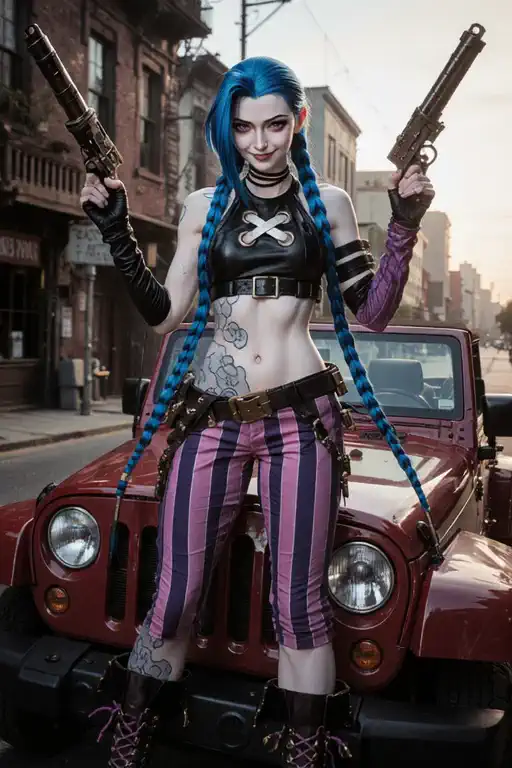 0-3.5s: A blue-haired woman fires dual guns wildly in all directions, 3.5-5s: a massive explosion erupts on the street behind her in slow motion.