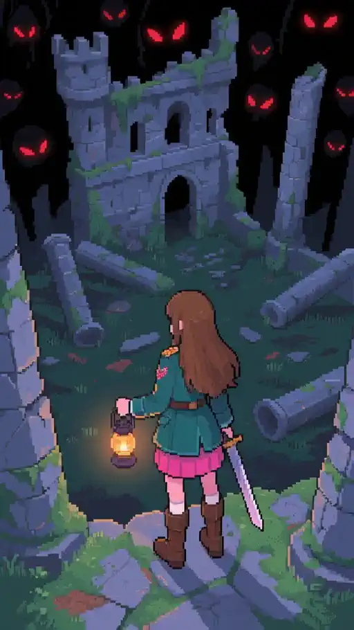 0-3: girl advances cautiously into the ruins as red eyes blink in the shadows, 4-6: girl stops as ground shakes, red eyes disappear, 7-10: large skeleton dragon with glowing amber eyes rises from the ground with gold coins spilling off it. girl readies her weapon as the dragon attacks