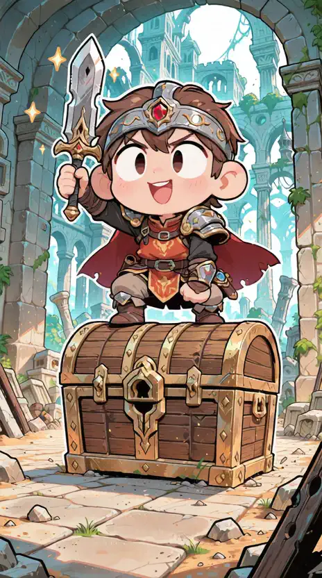 0-1: man opens a treasure chest. 2-3: The chest grows fangs and sucks the man inside. 4-5: The lid of the treasure chest closes.