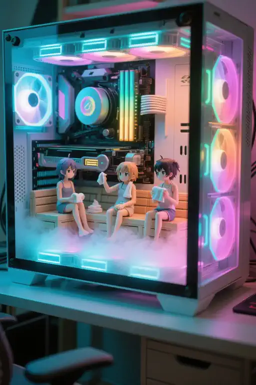 A surreal and beautiful animation of a photorealistic high-end gaming PC with a transparent glass side panel. Inside, tiny anime characters (miniature human-sized) are relaxing and chatting together, gently wiping sweat with towels. Cooling fans rotate slowly, scattering soft, colorful RGB light across the interior. Minimal glowing mist rises from the glowing components, drawn toward the fans and flowing gracefully out of the PC, creating shimmering trails of warm air. Characters move naturally and elegantly, leaning on glowing parts, stretching, or laughing together. The scene emphasizes serene, mystical beauty, and a peaceful, otherworldly atmosphere blending the realistic PC with the tiny anime characters inside.