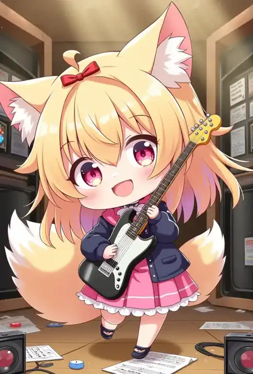 Language: ja少女のキツネ耳キャラがエレキギターを弾きながらクルクルと回転しステージライトが輝く音楽スタジオ