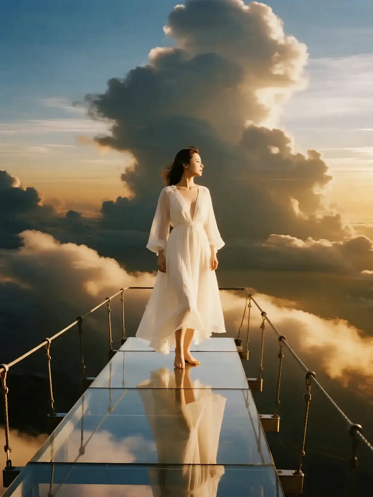 Prompt:
Cinematic fashion scene above the clouds at golden hour, glass sky-bridge with rope rails, warm sun rim light, soft haze. A woman in a flowing white dress walks barefoot toward camera; wind lifts her skirt and hair naturally, fabric translucent and elegant. Camera performs a slow, stabilized dolly-in (push-in) with very slight tilt up; maintain reflections on the glass. She keeps a poised, high-fashion movie-star aura, expression高级且自然、自信从容，目光偶尔望向远方后回到镜头。Clouds drift slowly around the bridge, subtle volumetric light, gentle particles, premium color grading (amber highlights, cyan-blue sky), shallow depth of field, clean composition, editorial quality.

动作与时序（5–7s）:
0–1s 建立环境，微风拂动
1–5s 镜头缓缓推进；人物稳定迈步向前，发丝与裙摆随风摆动
5–7s 目光落回镜头，神情平稳停留收尾

Style tags:
cinematic, fashion editorial, natural wind, soft light, high detail, glass reflections, volumetric clouds, subtle film grain, HDR

Negative Prompt:
jitter, flicker, face warp, identity drift, foot sliding, unnatural hair/cloth, fast head snap, over/underexposed, plastic skin, heavy smoothing, motion tearing, ghosting, text/logo/subtitles

建议参数:
- Duration: 5–7s  FPS: 24–25
- Aspect: 9:16 或 3:4
- Camera motion: dolly-in 2–3%/s + 微倾仰0.2–0.5°/s
- Motion strength: 0.4–0.55   Style strength: 0.6–0.75
- Guidance/CFG: 6–9
- 选项: 开启 Deflicker / Face Consistency / Identity lock / Reflection handling