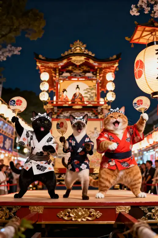 (2 Videos) 祭り舞台で踊る三匹の猫たち / Three Joyful Cats on the Festival Stage