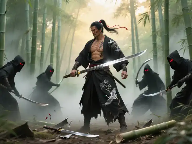 Cinematic wuxia video in misty bamboo forest at dawn, 15-second sequence: [0-10s] Intense sword battle begins—swordsman center-frame faces primary enemy head-on, katana clashing with curved dagger in fierce grind, sparks flying as both lock blades; surrounding four enemies circle, striking with daggers in rapid thrusts. Swordsman parries dual attacks with swift katana arcs, metal screeching, spins to counter overhead slash, blades vibrating; he disarms one dagger mid-air, strikes down another foe with a powerful slash, blood spurting subtly. [10-15s] Transition to victorious end—swordsman stands triumphant, katana lowered with fresh crimson blood dripping to pooling scarlet stains on earth, all five enemies lie dead around him, daggers scattered, faint blood trails in fog. Mist swirls, sunlight halos him, shadows stretch over fallen; camera tracks tight over-shoulder for battles, pulls to low-angle victory pose focusing on bloodied blade and enemy bodies. Photorealistic wuxia tension, detailed silk rips, sparking metal, earthy blood pools; 8K, 24 FPS, orchestral stings on clashes fading to triumphant swell.