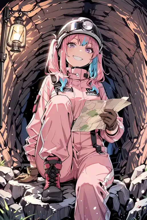Language: ja a woman in a pink jumpsuit stands up slowly、Looking at a map while exploring the tunnel