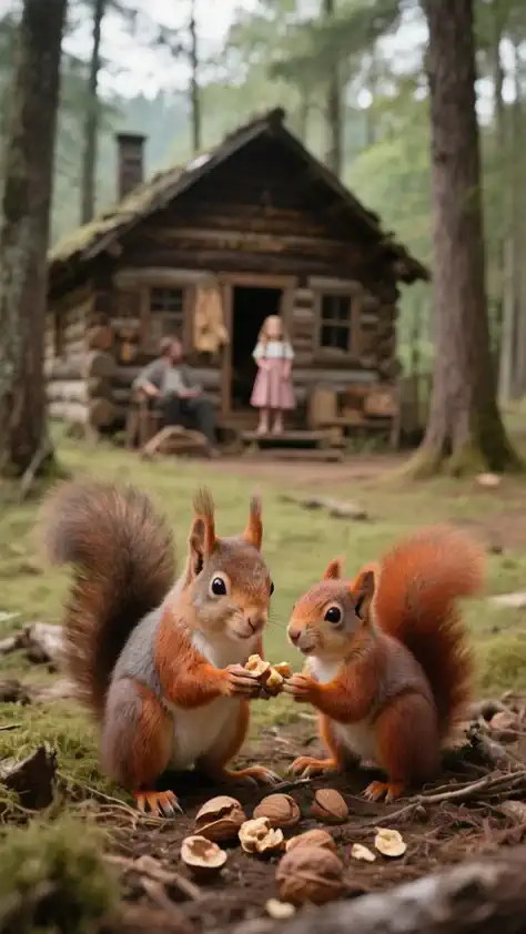 After tenderly filming a mother and daughter munching on walnuts, the camera zooms in on a shed in the background and focuses on the father and daughter, who are smiling and chatting away. The video ends with a close-up of the daughter's gentle, beautiful smile. The sound of the mother and daughter munching on walnuts is accompanied by the sound of a fiddle-playing violin.