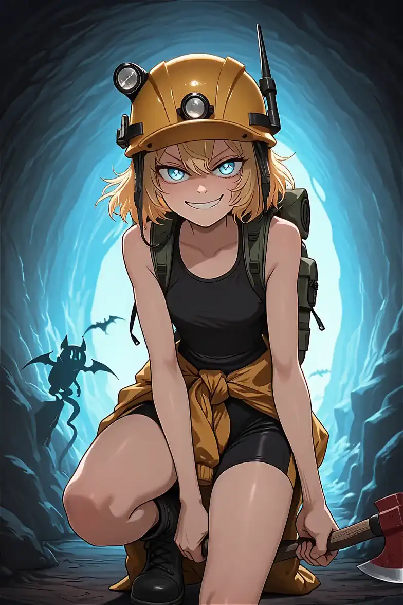 The blonde adventurer, with a wild grin, lunges forward, axe held high, then brings it down in a decisive chop, sparks flying from the impact, as the camera follows the piolet's arc, revealing a shimmering vein of ore in the blue cave wall.