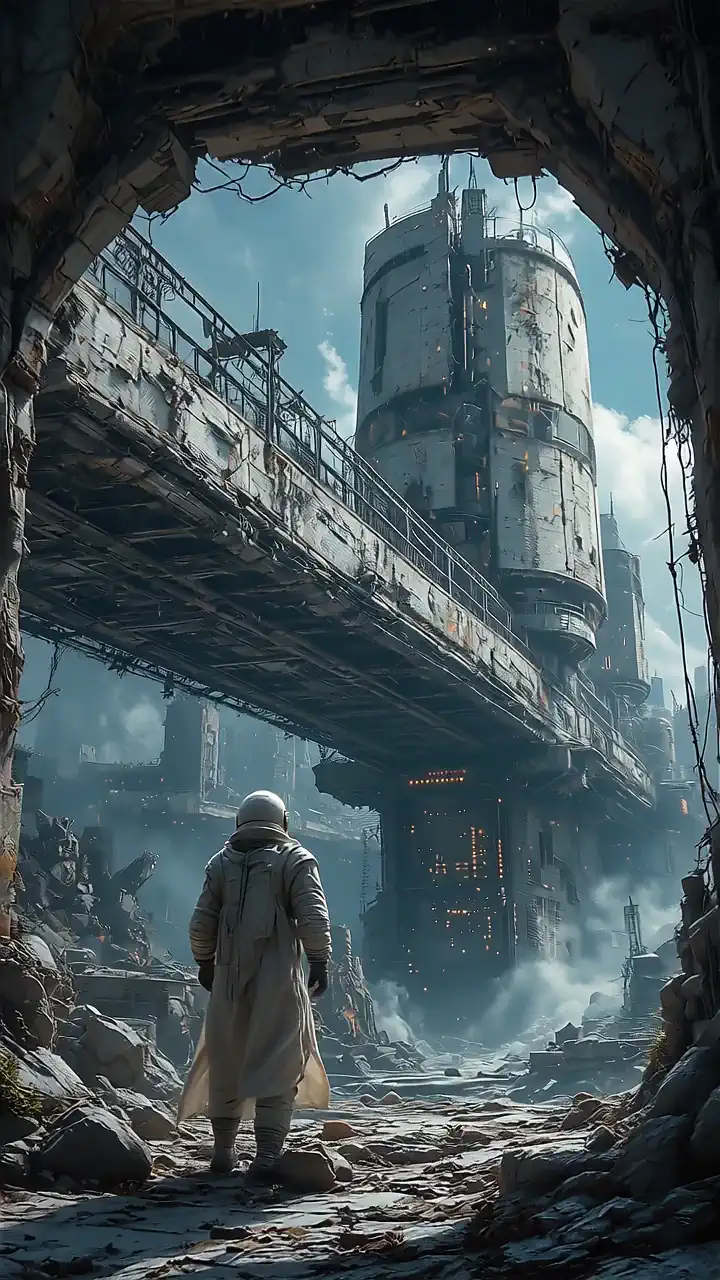 Language: the astronaut continues to walk in the devastated city、buildings falling from the sky、the astronaut jumps into the air and floats up、Fallen objects are terribly powdery々Destroyed by。the camera follows the astronaut's movements and、depicts in detail how the falling object is severely damaged by panning。acoustics are the silence of outer space、creepy sounds generated from falling objects、and the sound of being severely damaged。images like scenes from a sci-fi movie。