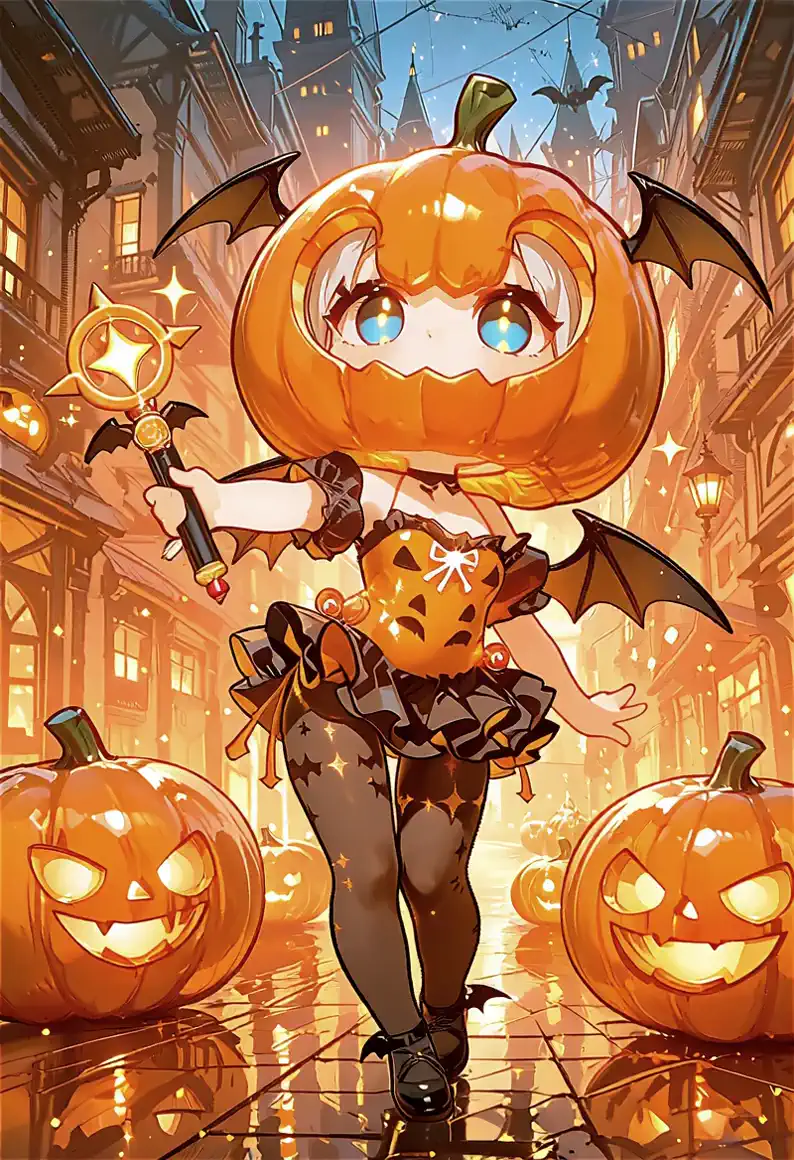 the girl nods satisfactorily、The、sticks out the magic wand into the night sky。At that moment、the red dyed moon shines even stronger、colorful fireworks begin to be launched from all over the city。from the girl's point of view、the girl with the pumpkinhead。camera floats quietly in the air、it moves to slowly look over the entire city decorated with fireworks。