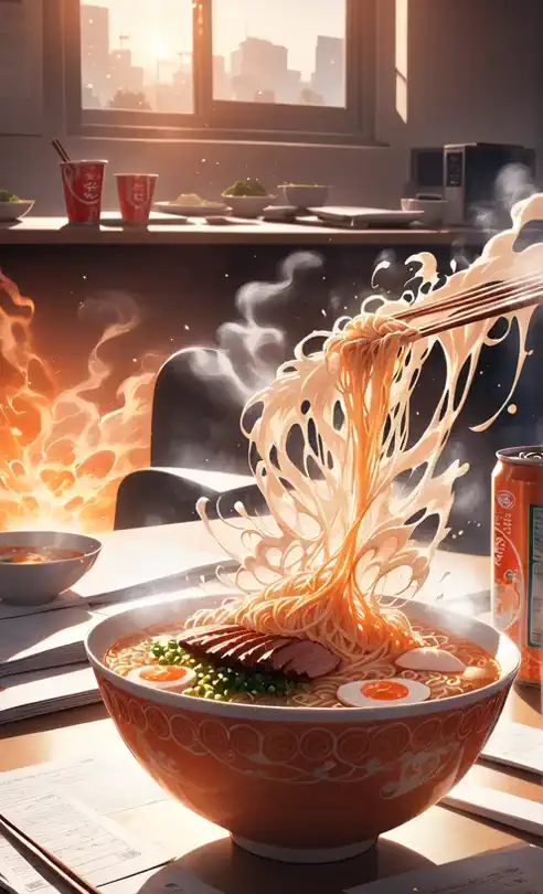 A lighthearted panoramic zoom-out in anime cinematic style.
The video begins with a close-up of a steaming cup of ramen — noodles swirling hypnotically.
The camera zooms out smoothly, revealing a man eating on his office desk, surrounded by messy paperwork.
It continues to zoom further until the entire office is revealed as a small model sitting on a gigantic ramen bowl held by a laughing alien chef.
Whimsical lighting, soft warm tones, gentle motion blur, humorous surreal vibe,