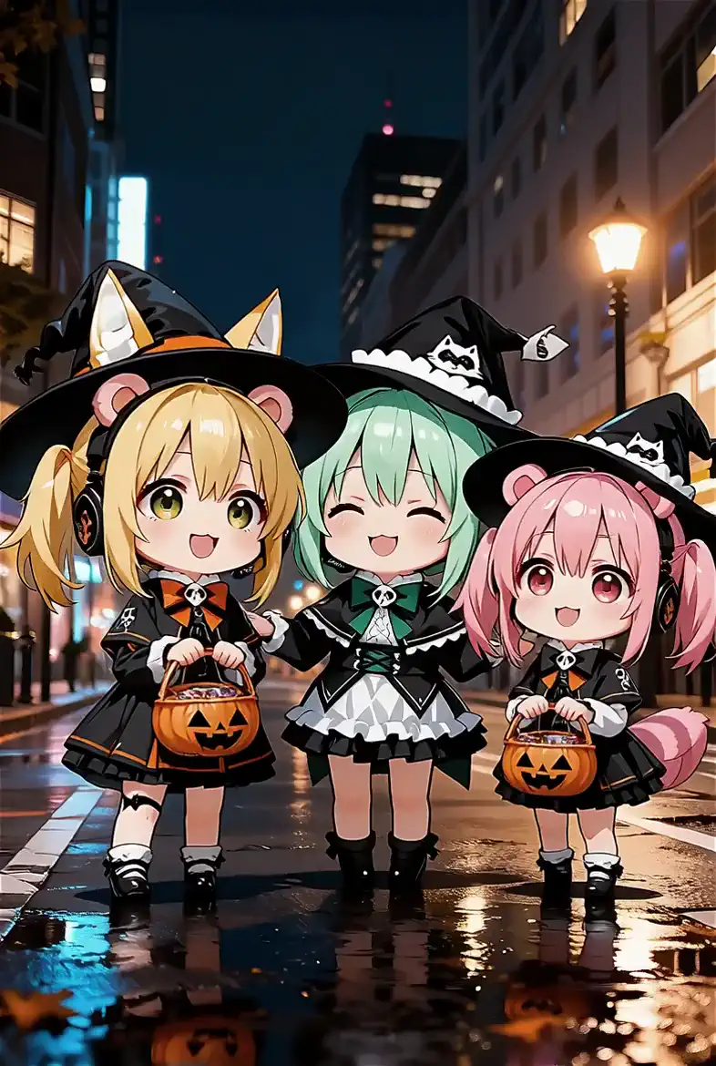Girls wear witch hats, carry pumpkin candy bags in a cute way, and dance left and right in the night town、Comical music and girls' voices echo、"ハッピーハッピーハローウィ―――ン♪ハピハピハッピーハーロウィーーン♪"