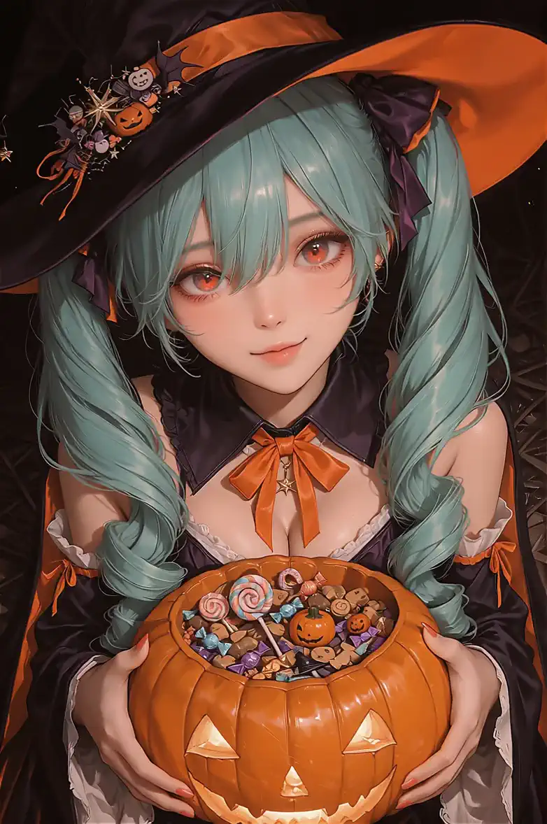 in the costume of a Halloween witch {x} woman holding a large orange jack-o-lantern、Colorful sweets pop out、Spiderwebs swaying in the background