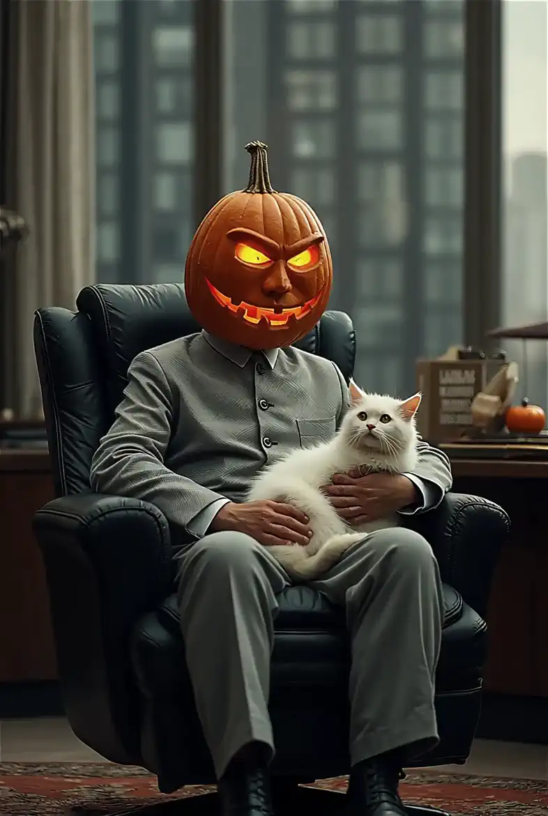 A man with a pumpkin head sits in a leather chair petting a fluffy white cat while the city skyline outside the window shifts subtly in the background.  "I've been expecting you Mr. Bond" he says in a thin voice.