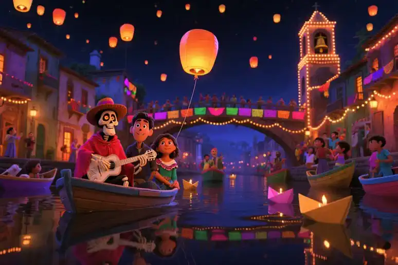 Generate a high-quality video
Стиль мультипликации
0-3с: A boat floats on the water surface, Boy and girl look at each other, and the skeleton is playing guitar. There are lots of glowing lantern lights in the air. Boats are sailing, everything bright and sparkling, , the water surface swings slightly from the boat. The camera is half immersed in water. Reflections and distortions on the lens. Lots of bright lights.
4-6s: The camera slides along the water under the bridge, showing many bright boats and paper boats with candles. paper lanterns in the air.
7-10s: , the camera turns and quickly rises into the air with the papers showing off a bright city with a flashlight where people have fun and celebrate Day of the Dead. are many bright streets lit with colorful lights and garlands, bridges across the river, musicians and people sticking out of the windows of various small houses. In conclusion, fireworks in the distance. The atmosphere of celebrating Day of the Dead
Atmosphere. high definition, epic art animation. 8K, Ultra Detail, realistic lighting, движение Blur, HDR.
