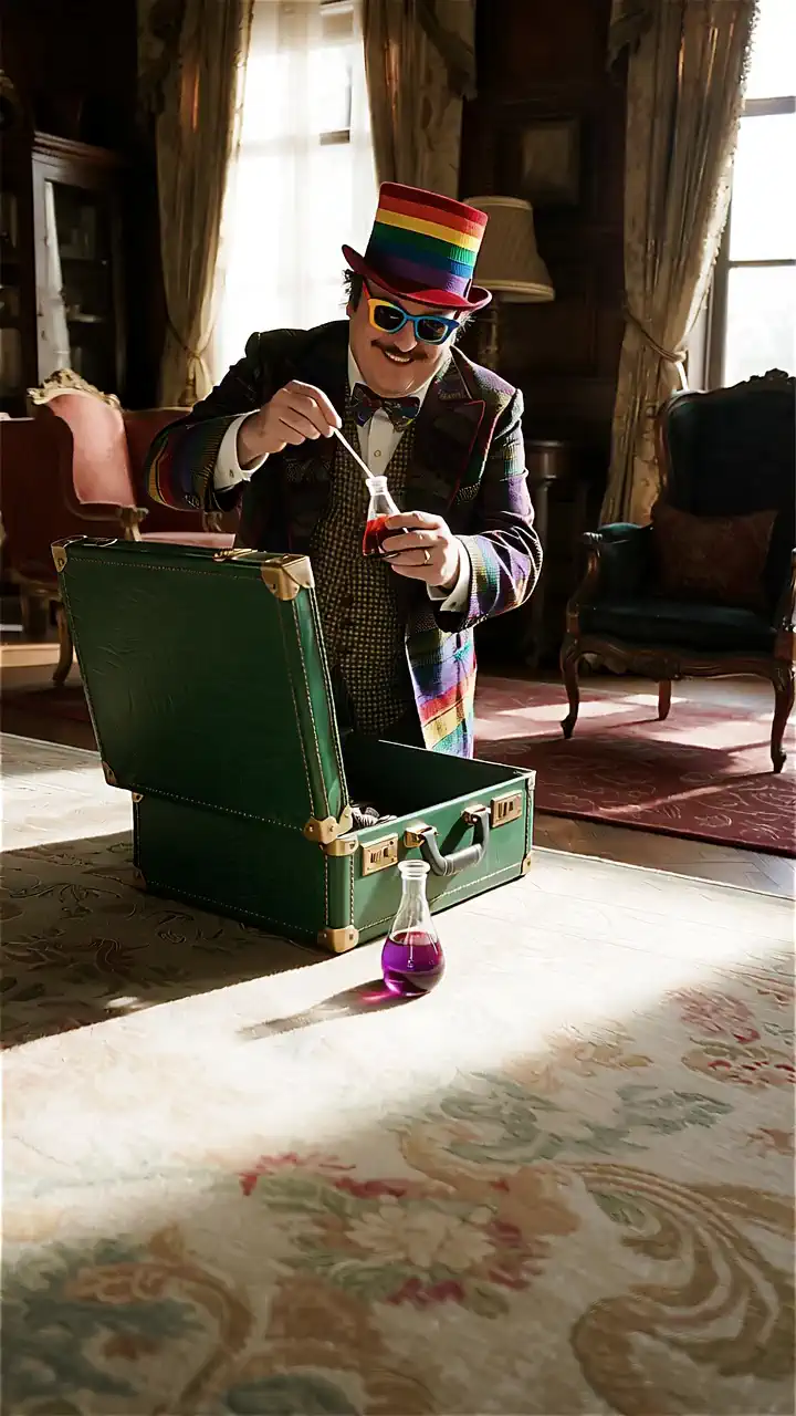 Language: ja When a man wears a colorful hat and shakes a flask while moving、Men's line「Please take a look」He said、Magical light spreads in a vintage room、and in that light, an extraordinary beauty appears wearing a thin, white celestial robe and smiles and lines「May I help you?？」He saidます。The camera follows the man's movements、when the light spreads out, the last one ends with a close-up of the beautiful woman's face。The sound is a man's with a quiet acoustic guitar song in the background I hear a line and a beautiful woman's line。