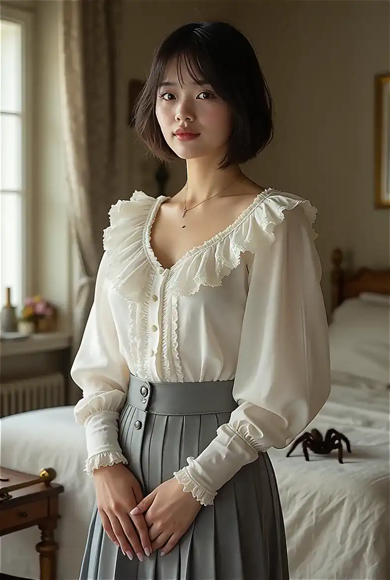 A woman notices a large spider on the bed moving towards her as the gentle breeze rustles the curtains.