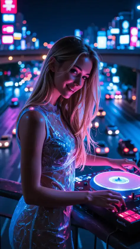 sound of deep house music with synth and drum machine. Woman dances energetically while mixing beat on her glowing turntable on a overpass as city lights blur into vibrant streaks behind her, she smiles, her glowing clothes are changing color, the camera then zoom out and show the bird eye view that she is dancing on overpass while traffic are moving underneath it, the camera then zoom in and level to show the woman dancing from the front, tracking shot