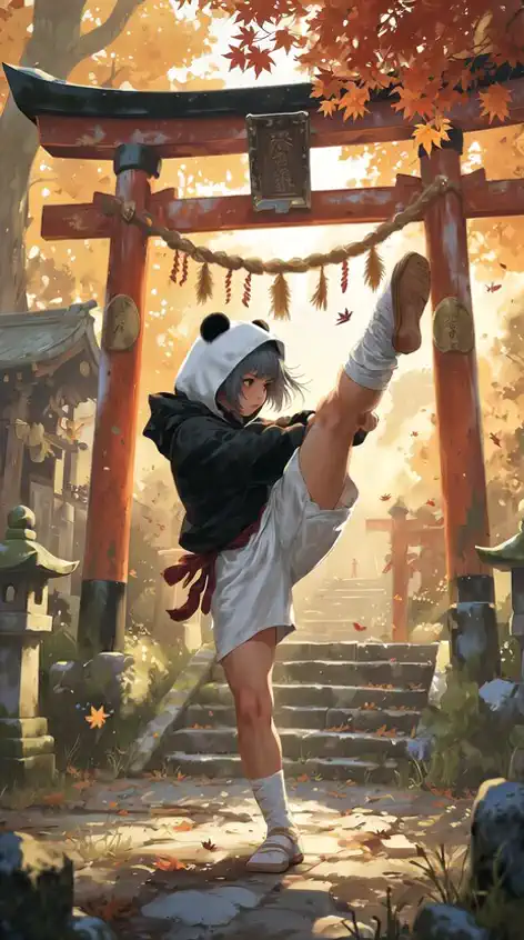 A girl makes a brave shout、hopping and delivering a high kick in front of the shrine torii gate、fallen leaves scattering and the warm autumn sunlight softly envelops the surroundings