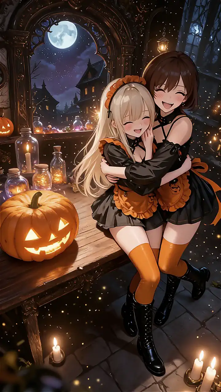 Gentle Celtic Music BGM.
Two girls playfully frolicking together , 
The girl with dark brown hair on the right playfully clung to the girl on the left, and the two of them pushed and shoved each other, laughing happily the whole time.
The candle flame flickers faintly.