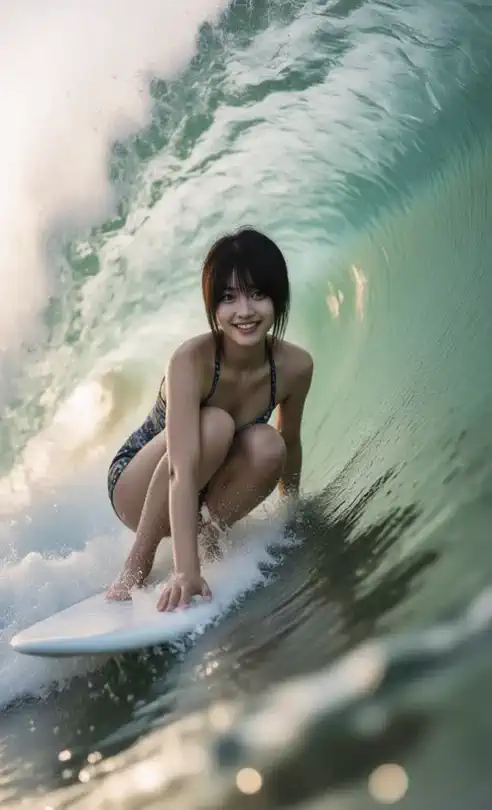A woman surfs in a steady pose amidst the moving waves in the blue sea,