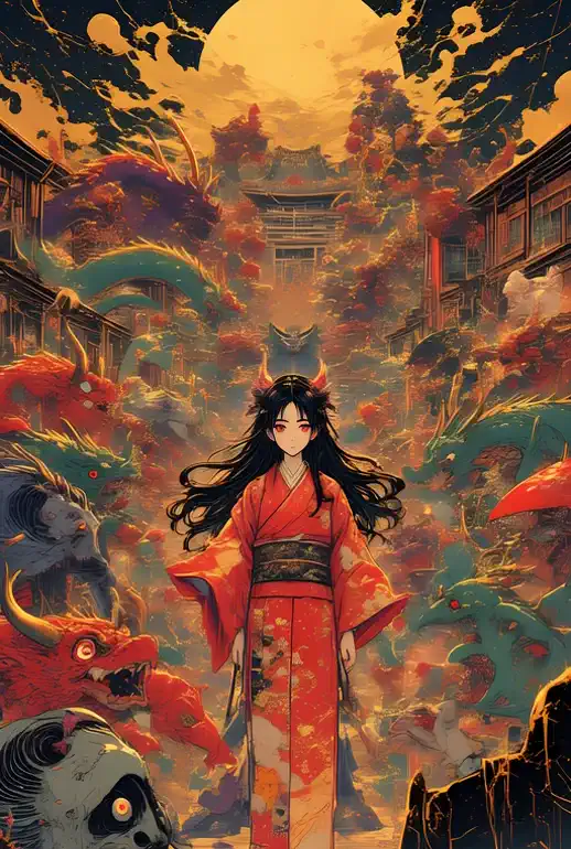 Language: ja女性の髪が風でたなびきながら着物を纏いゆっくり歩くドラゴンや妖怪たちが活気ある古い町を背景にゆっくり動き回る