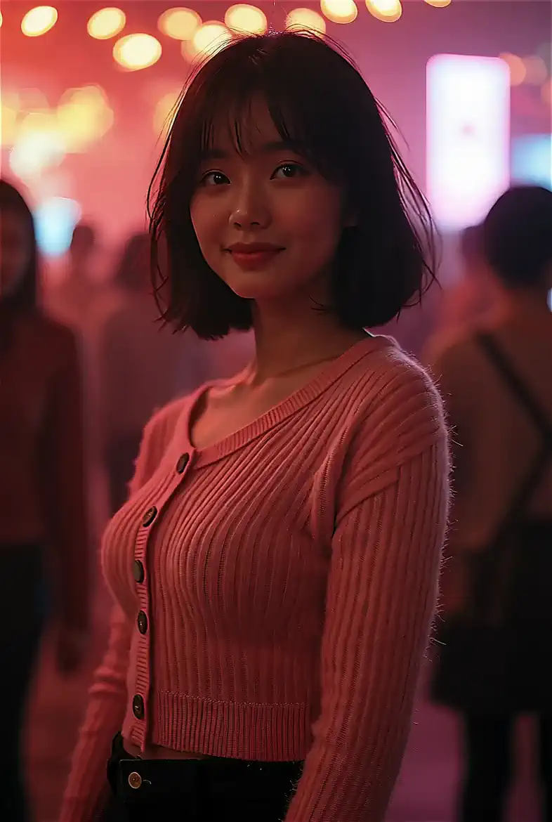 A woman in a pink sweater dances to pounding minimal-techno music in a vibrant, neon-lit crowd as colorful lights flicker around her.