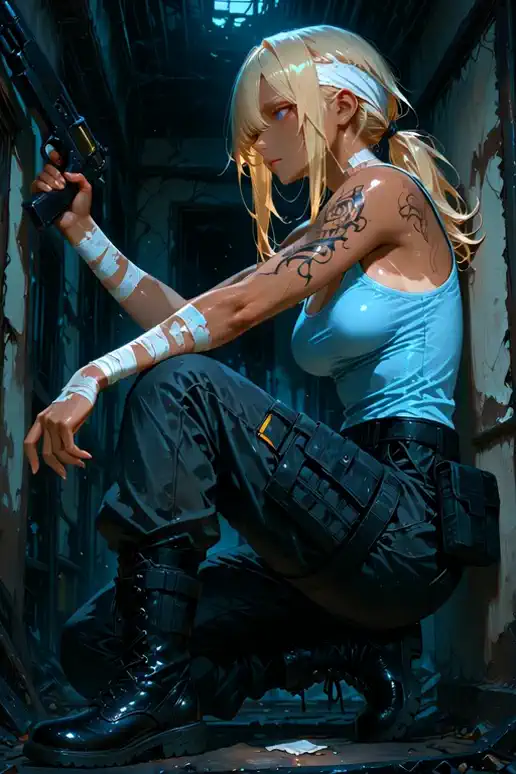 A blonde woman、Japanese plump high school girl holding a gun、Hiding behind ruins、I'm holding my breath。I hear knocking close by、she holds a gun、staring in the direction of the door。the camera takes a close up of her face、capturing that sharp look and sense of tension。