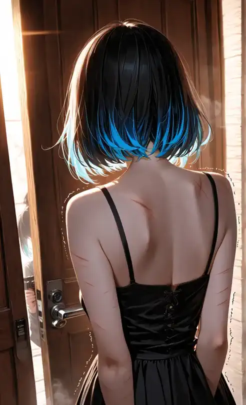 A knock on the door rang out in the silence of the evening — “Knock... knock...” the girl walked slowly to the door. She reluctantly grasped the knob. The light from the doorway inserted in, allowing the glimmering blue hair to be seen.

Her breathing was light but heavy.
She slowly opened the door — and there was a little girl standing there with a smiling face, holding a camera in front of her, with a flash going off — “Click.!”