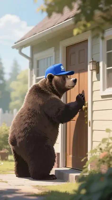 Language: JA bear knocks on the door and looks back、gentle afternoon sunlight illuminates a quiet suburban garden