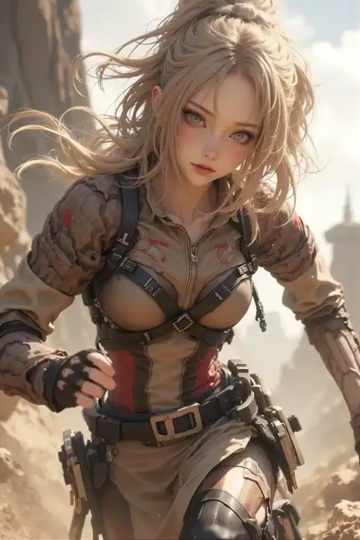 ❲Theme❳: In this video, a female Scout Regiment member uses her 3D Maneuvering Gear to leap into the air. ❲Character❳: A female Scout Regiment member. A vaguely visible Titan. ❲Background❳: A cityscape surrounded by a massive wall. ❲Video❳: 0-2 seconds: A woman runs through the city. The camera is centered on the woman and pans to show her right side. 3-4 seconds: A vaguely visible Titan can be seen far in front of the woman. 5-6 seconds: The woman uses her 3D Maneuvering Gear to leap into the air. 7-10 seconds: The woman is moving through the air at high speed. The woman uses her 3D Maneuvering Gear to accelerate further and move through the air toward the Titan. She holds her sword in both hands. ❲Expression❳: A tense expression on her face. ❲Quality❳: {{{Not obscene. }}} () {A perfectly timed 10-second video. Biologically correct and smooth movements. } {{{The characters have anatomically correct and beautiful bodies. }}}. Masterpiece, insanely detailed, high quality, high-resolution, highest pixels, digital raw photography, digital rendering. 8k. ❲Audio❳: The sound of the 3D Maneuvering Gear operating.