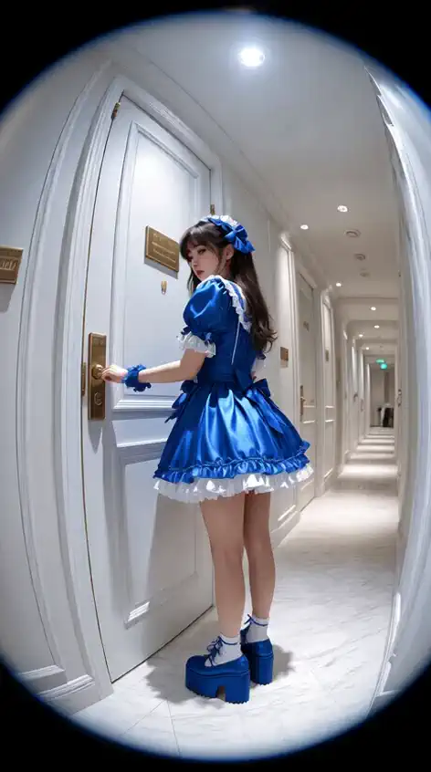 Language: ja woman wears a blue dress and moves to the front of the camera、A knocking gesture waving to the camera