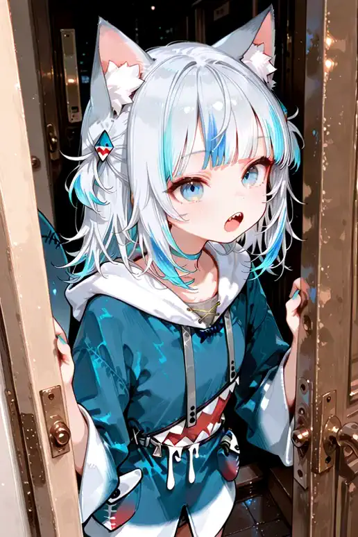 Inside an apartment where a woman wears a hood with cat ears on it and opens the door briskly