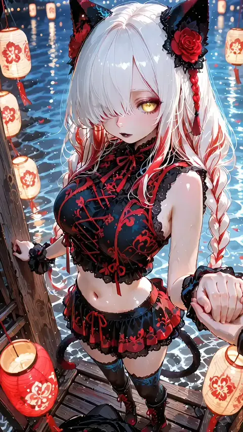 Catgirl by lantern river, who's that holding her hand? 🥀