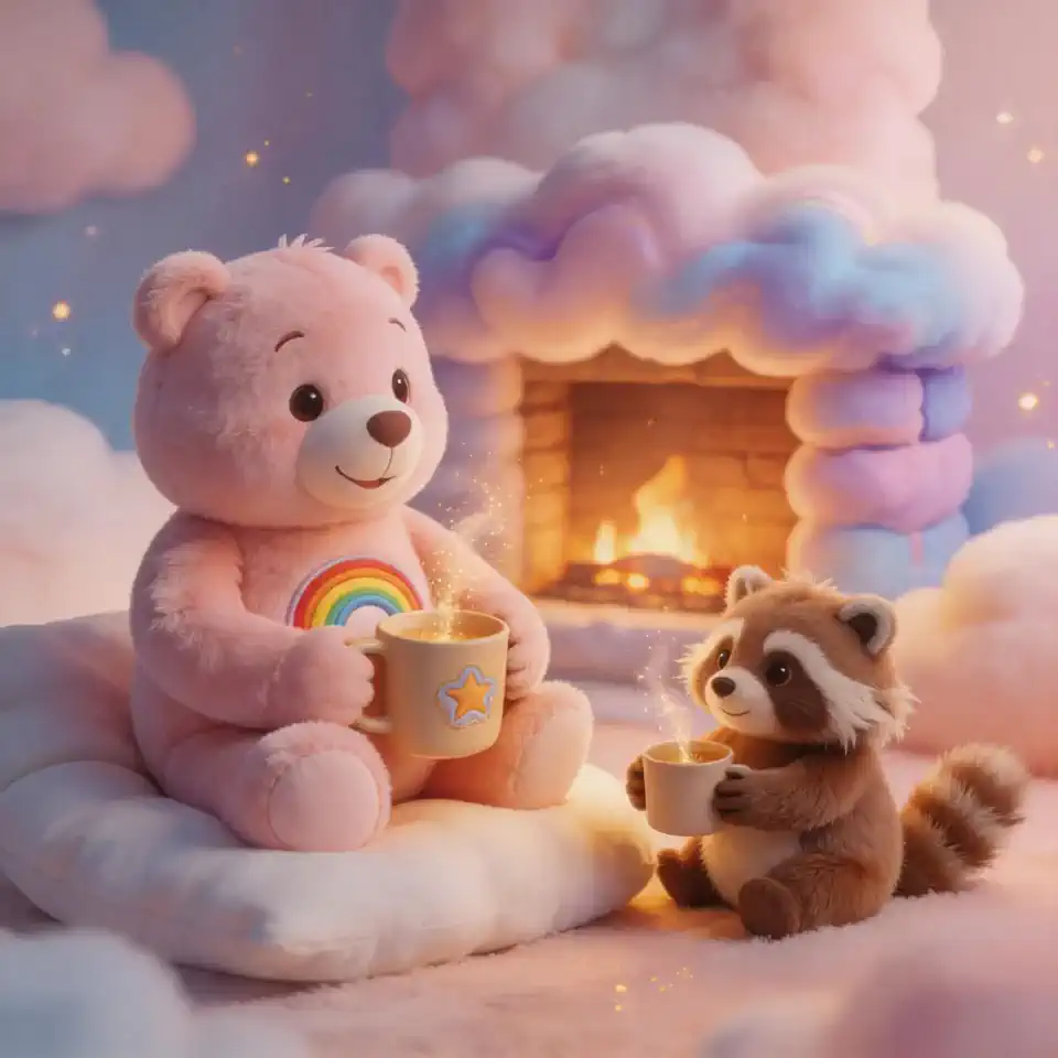 Cozy cloud tea party with plush buddies 🧸