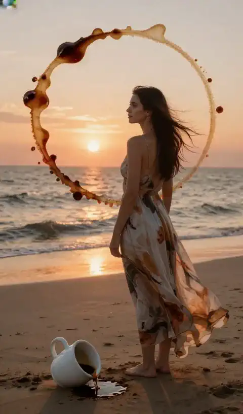 Café na praia ao pôr do sol ☕