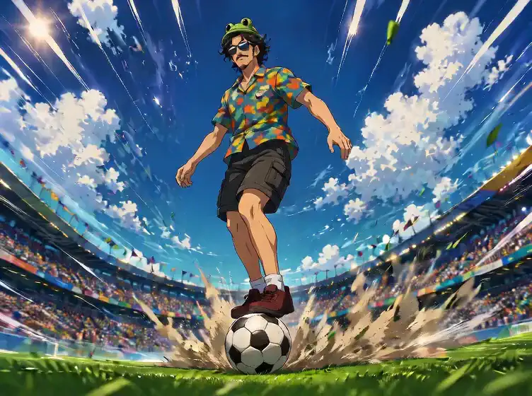 カエル帽のおじさん、サッカー場でキメてる✨