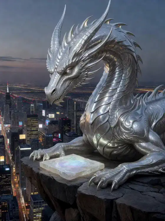 Silver Dragon Overlooks Modern City 🌃