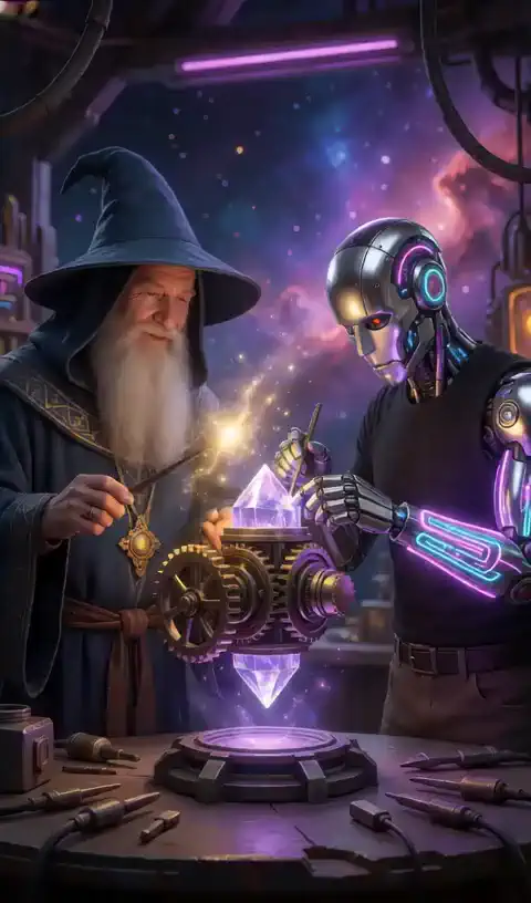 A wizard and a silver robot are working together