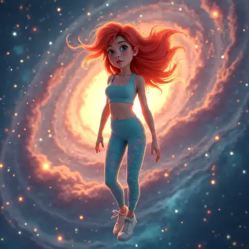 女孩在滚动星云背景下