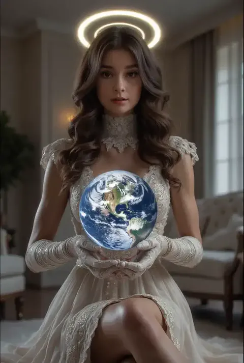 Wanita cantik yang memegang bola dunia