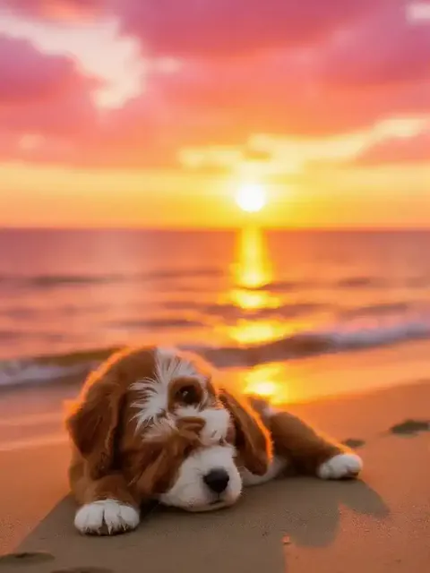 夕陽が美しい海辺の可愛い動物たち