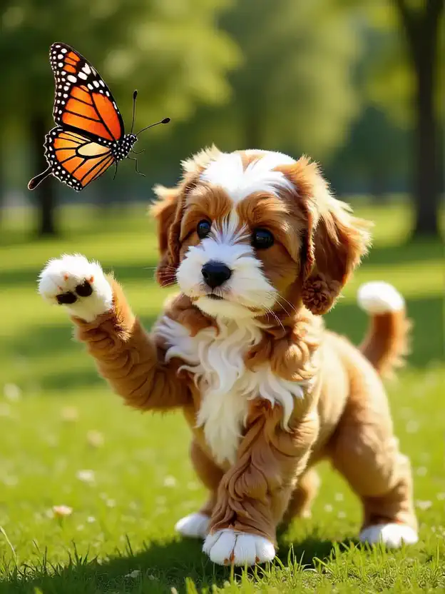 Милые питомцы гоняются за бабочками