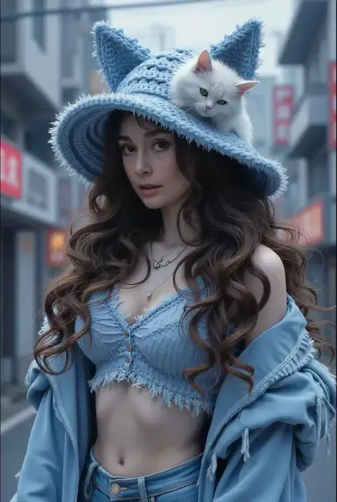 Bella donna con un gatto sulla testa